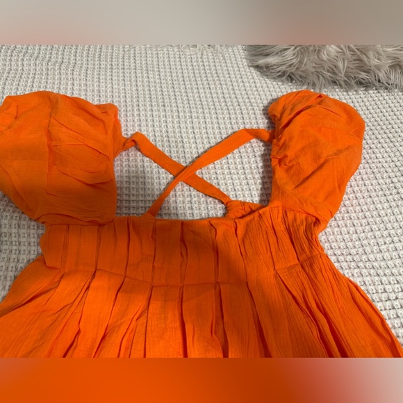 Bright Orange Puff Sleeve Mini Dress - Picture 4 of 13